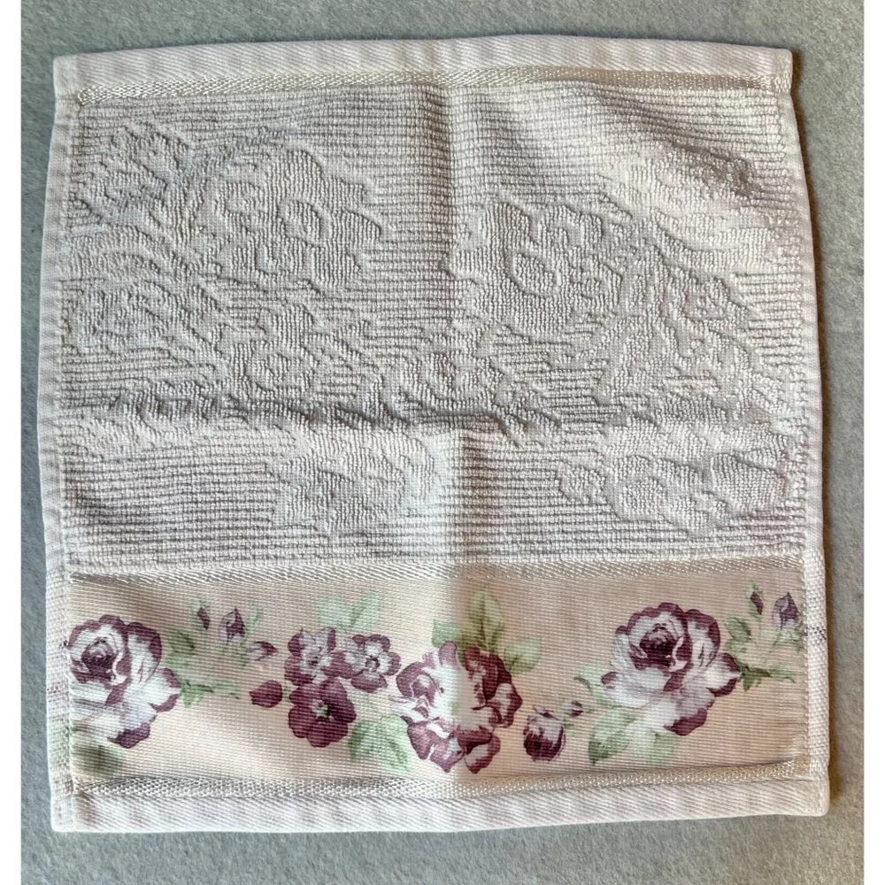 Croscill Home Bath Towel & Hand Towel Set Cream W/ Purple Roses Band Cotton